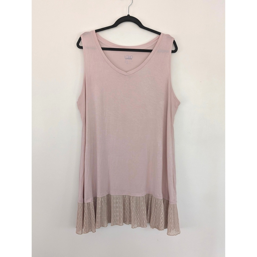 LOGO Layers Lori Goldstein Pink V-Neck Sleeveless Tunic Pleated Mesh Hem‎ 2X